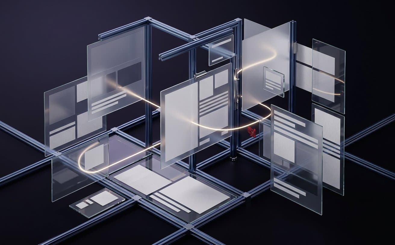 Translucent responsive page frames arranged as a connected architectural design system