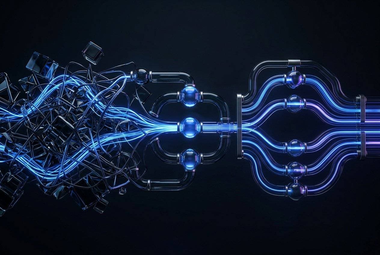 Cobalt signals moving through connected glass nodes into an ordered system