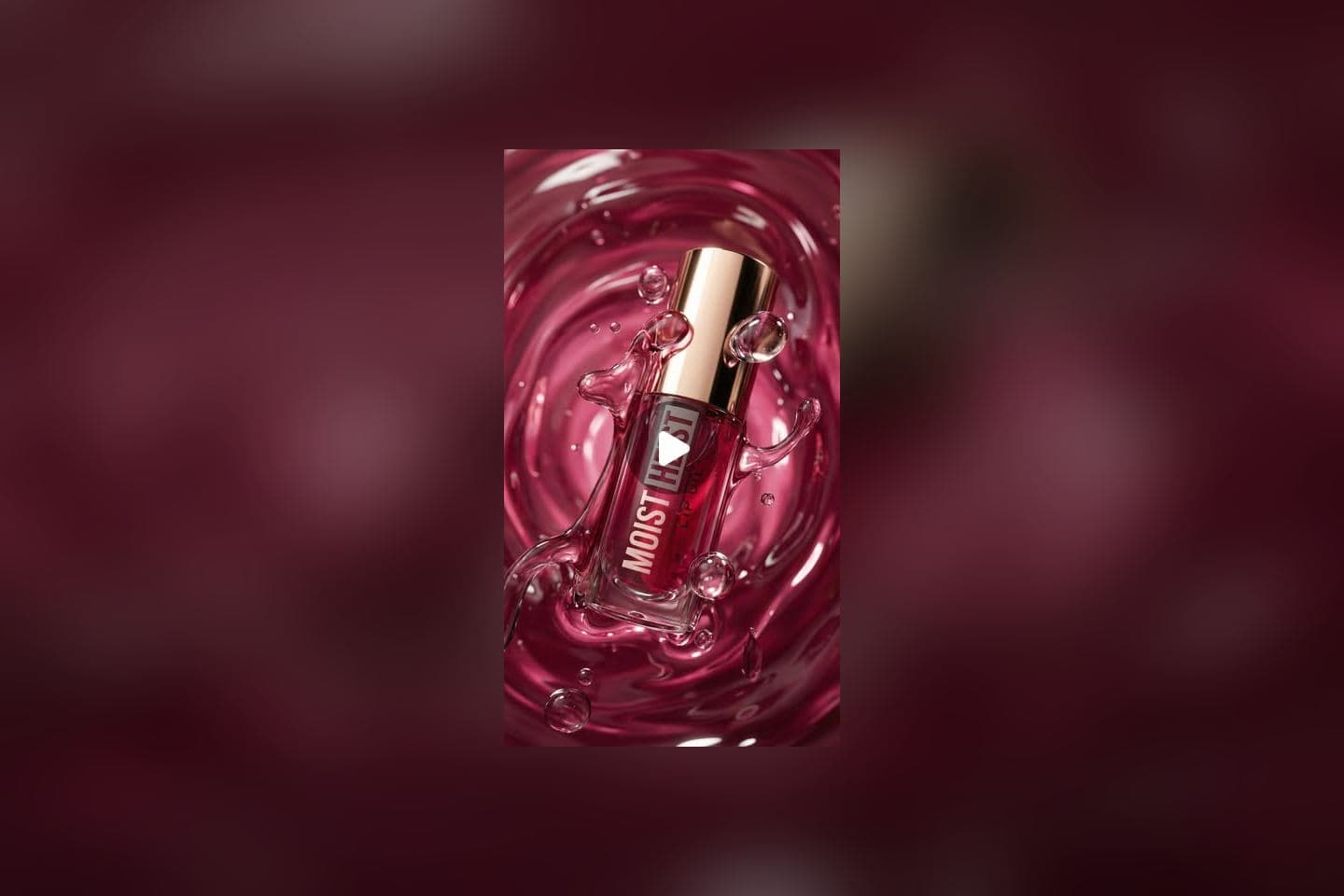 Cosmetic serum bottle in a crimson liquid splash, AI-animated frame