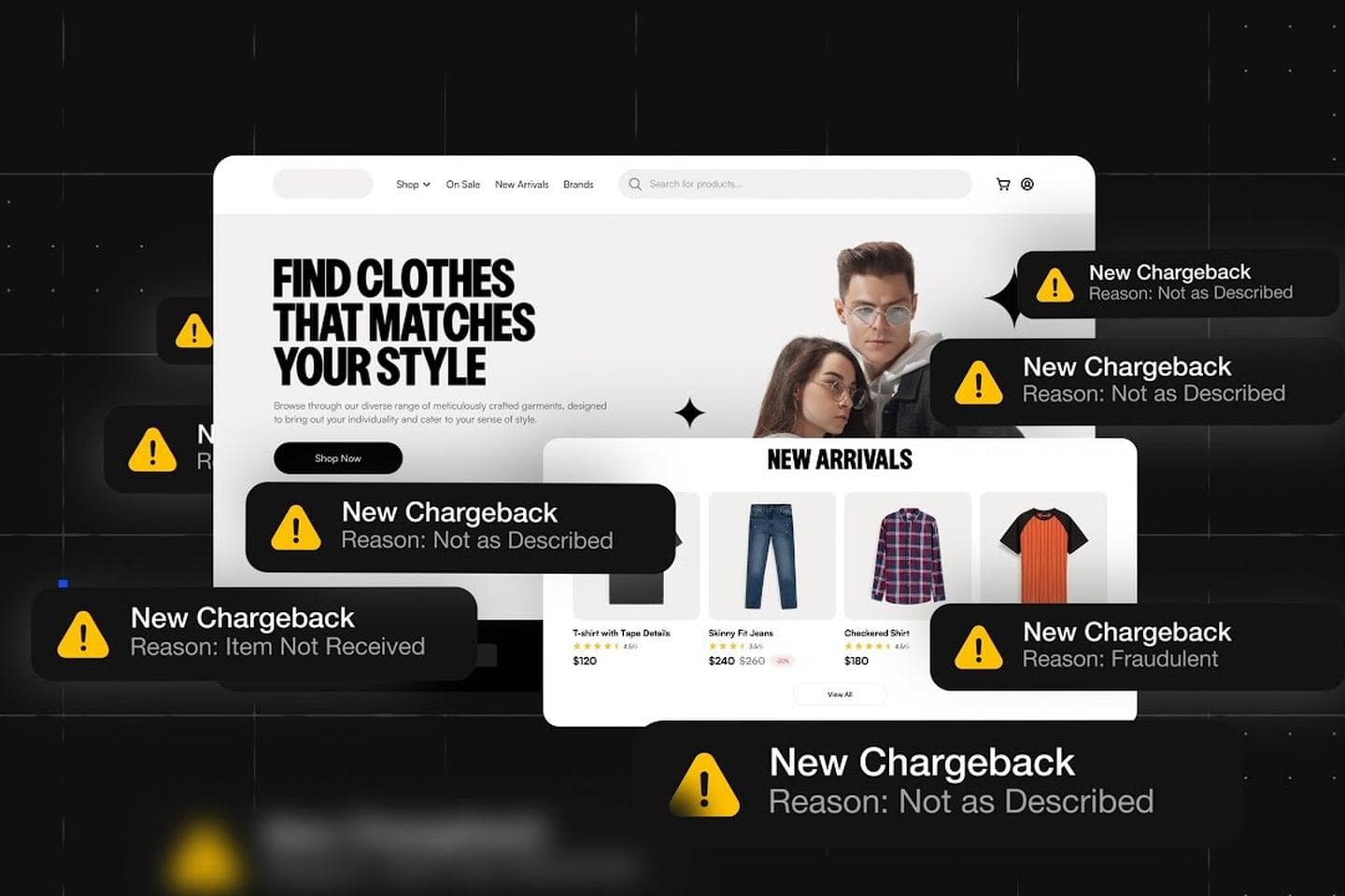 Chargeflow interface panels with chargeback alerts in a dark motion-graphics frame