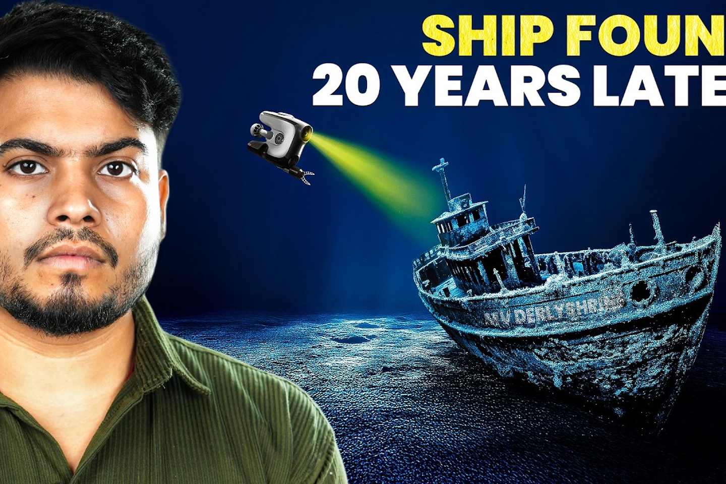 Creator beside an illustrated shipwreck with a searchlight underwater