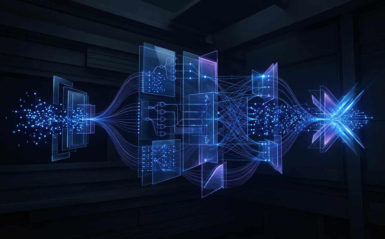 Glass digital frames and luminous blue pathways forming a connected workflow in a dark space